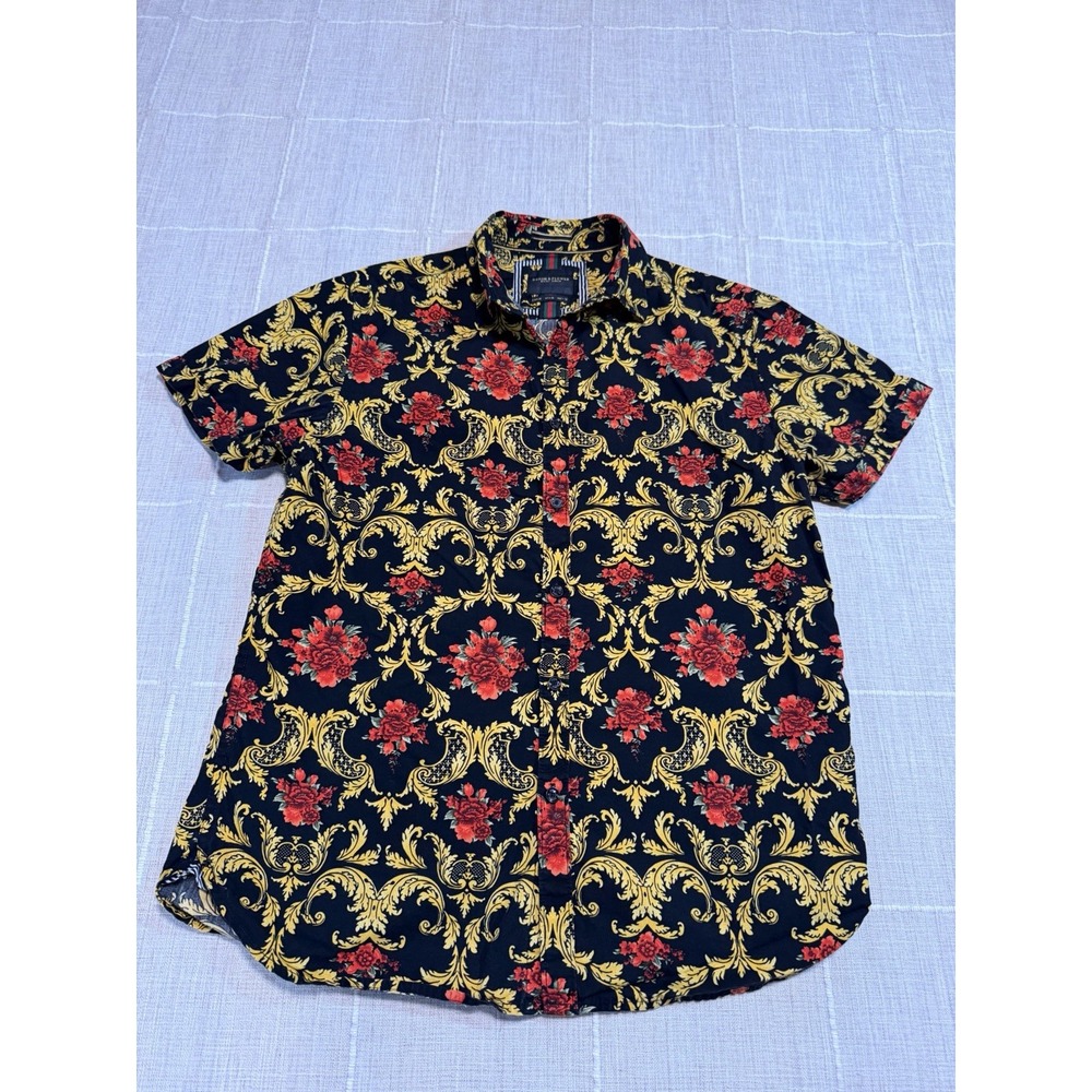 Denim & Flower Ricky Singh Mens Medium Floral Baroque Shirt Black Red Cotton